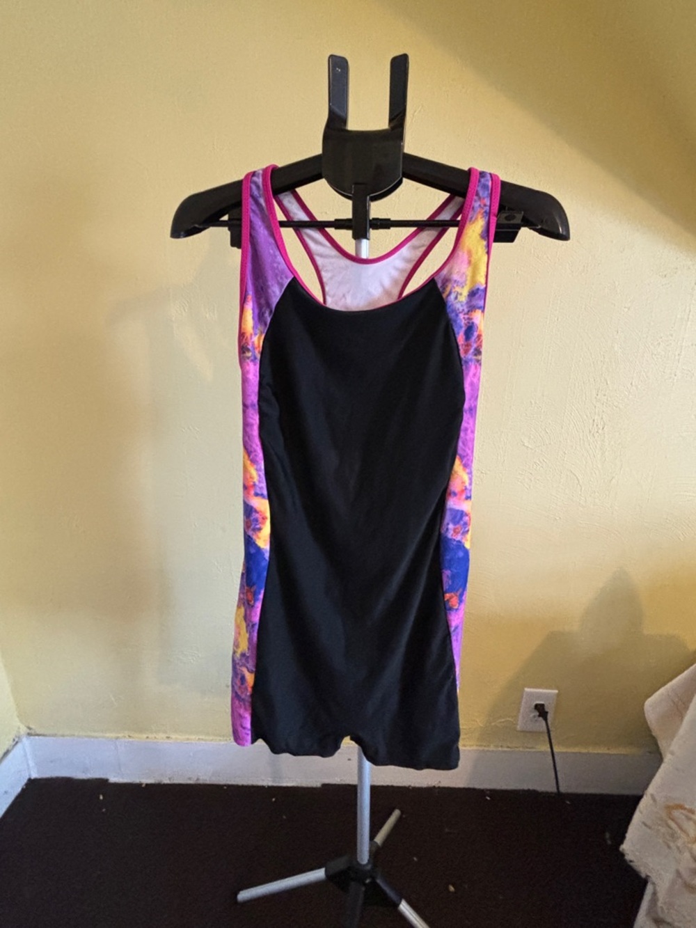 Black Tank Modest Swim Suit with Pink & Purple Side Panels Keyhole Back
